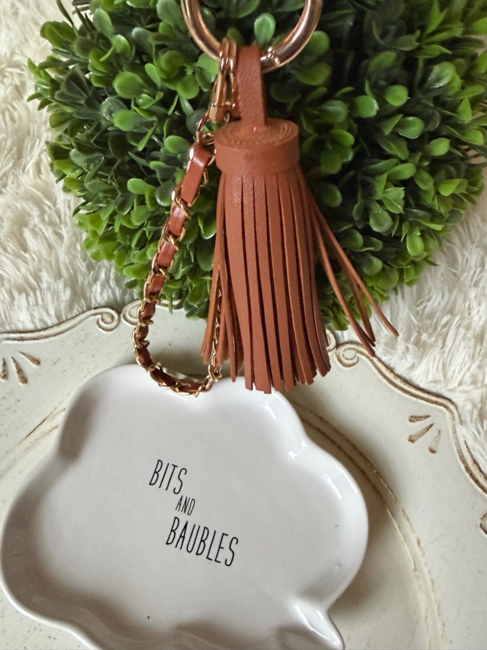 Brown Faux Leather Tassel Keychain with Gold Chain - Picture 4 of 7